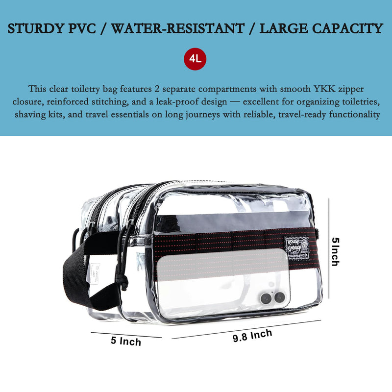 Rough Enough Clear Travel Toiletry Bag for Men Women Traveling Toiletries Essentials Shaving Hygiene Dopp Kit | Dual-Compartment Design, Water-Resistant Thick PVC, YKK Zipper, Fits Full-Size Toiletries & Makeup, with Reinforced Handle