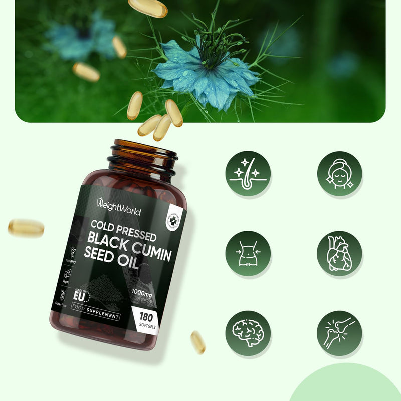 Black Seed Oil 1000mg - 180 Softgels - 6 Months Supply - Cold Pressed Black Cumin Seed Oil Capsules - 1-a-Day - Vegan-Friendly - Source of Thymoquinone & Omega Fatty Acids - Nigella Sativa Supplement