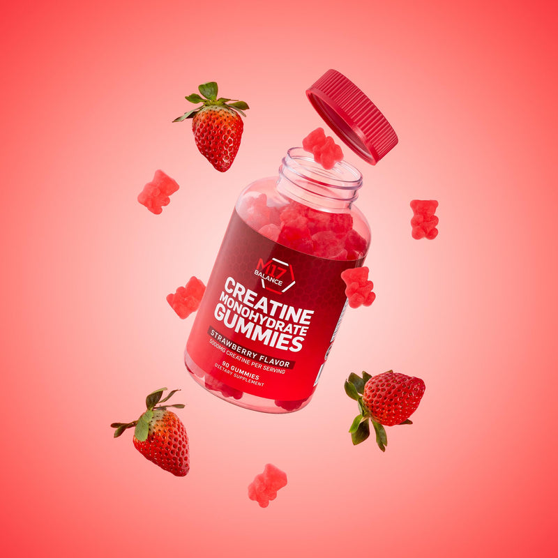 Creatine Monohydrate Gummy Bears - 5000 mg Creatine with BCAAs & L-Carnitine per Dose - for Muscle Building - Sugar Free, Anti-Melt Formula, Vegan, Gluten Free - 30 Servings (90 Count, Strawberry) 90 count (Pack of 1)