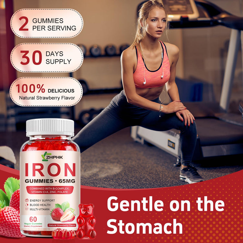 [Australia] - Iron Supplement Gummies, 65mg Iron and 250mg Vitamin C for Women Men Kids, Natural Vegan Iron Gummy with Vitamin A, B-Complex, Biotin, Zinc & Folate Energy Support & Immune Health, 60 Gummies Strawberry 60 Count (Pack of 1) 