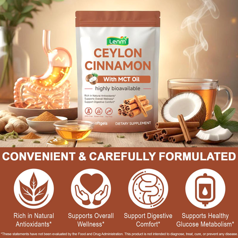 Ceylon Cinnamon SoftGels with MCT Oil, 600mg Cinnamomum Verum Extract for Metabolism Support & Digestive Comfort,Gentle Daily Wellness Support – Non-GMO & Gluten Free - 300 Vegan
