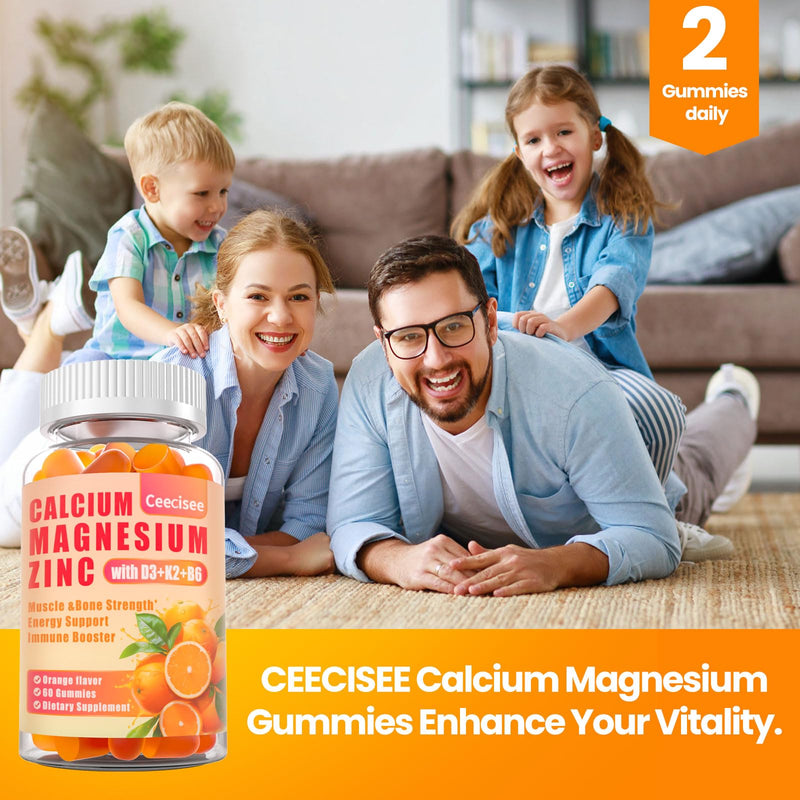[Australia] - Calcium Magnesium Zinc Gummies with D3 &B6 &K2,1000mg Calcium Gummies with 300mg Magnesium Support Immune Energy for Adults and Teens,Sugar Free(120Count) Orange 60 Count (Pack of 2) 