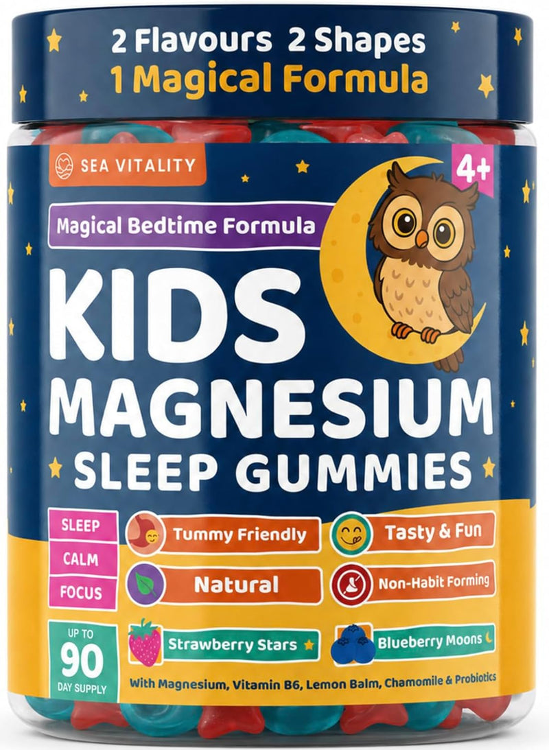 Kids Magnesium Glycinate Sleep Gummies – Calm Focus & Relaxation Support with Magnesium, B6, L-Theanine & Chamomile – Stawberry Stars & Blueberry Moons – 90 Vegan Gummies – Star & Moon Shape – Age 4+