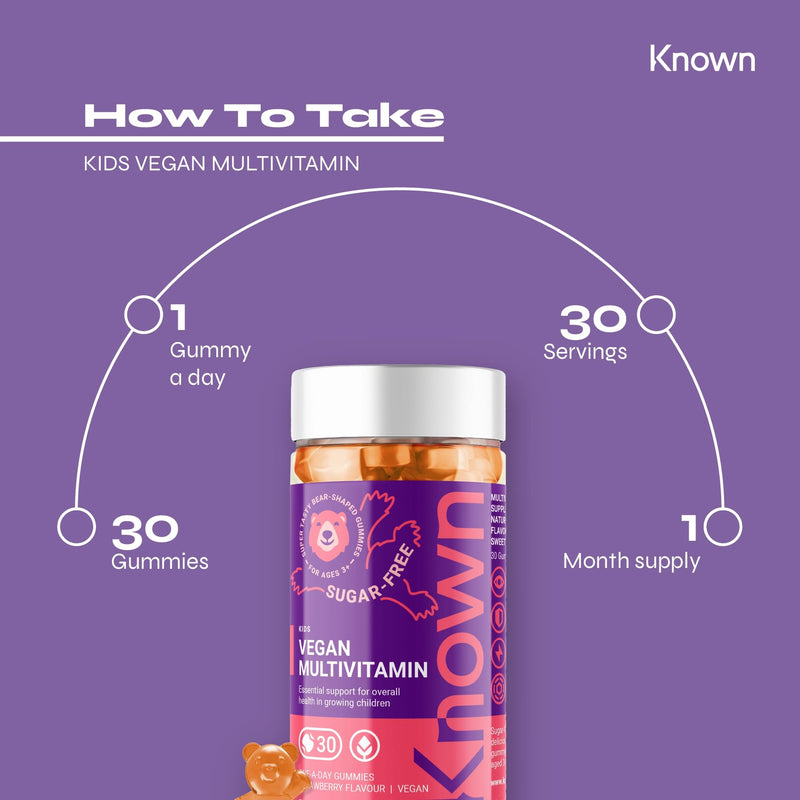 Known Kids Multivitamin Complex Gummies - Sugar-Free - Vitamin C, B6 - Immune Support - Natural Strawberry Flavour - 30 Vegan Gummies, 1 Month Supply