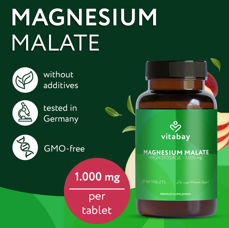 Vitabay Magnesium Malate 1000 mg High Strength – 180 Vegan Tablets – Energy Metabolism, Fatigue & Muscle Function – Laboratory Tested in Germany – No Additives – 6 Month Supply