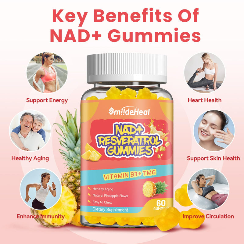 NAD+ Resveratrol Gummies NAD+ Supplement 500mg with Vitamin B3 & TMG – Healthy Aging, Energy & Cellular Health Support – Vegan Friendly, Natural Pectin – 60 Gummies, 30-Day Supply 60 Count (Pack of 1)
