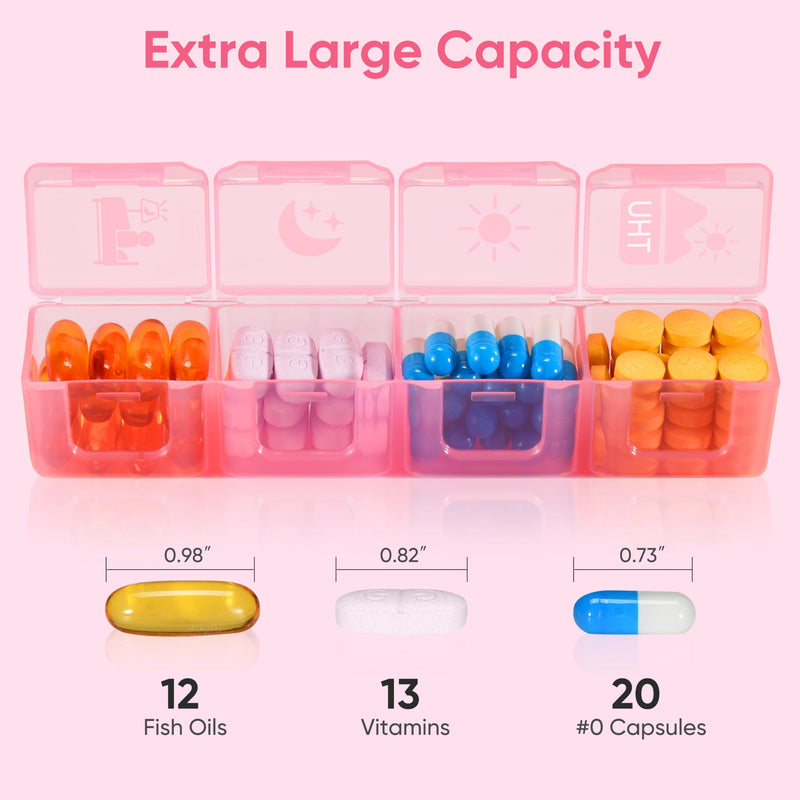 Fullicon Large Pill Organizer 4 Times a Day, 7 Day Pill Box, Pink | Each Compartment Holds 12 Fish Oils or 13 Vitamins, Clear Daily Icons, Durable Printing, Easy Open, Secure Snap Lids