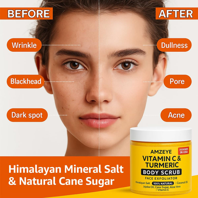 Vitamin C & Turmeric Body Scrub, Natural Face Exfoliator, Himalayan Salt with Coconut Oil, Jojoba Oil, Aloe Vera, Vitamin E, Cane Sugar
