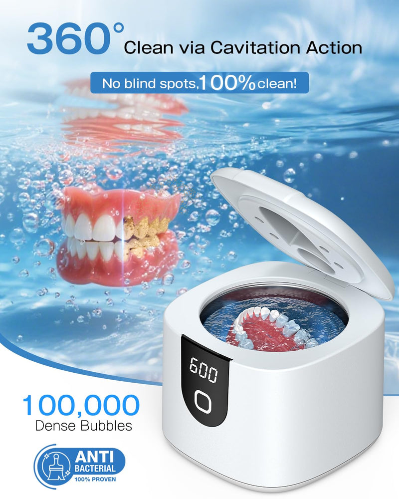 [Australia] - 2025 Enhanced Ultrasonic Retainer Cleaner, 2X Efficiency, 45kHz Dentures Cleaner Machine with UV Lights&4 Clean Modes, Dental Cleaning Pod for Aligner, Nightguard, Mouth Guards, Jewelry, Rings, etc 