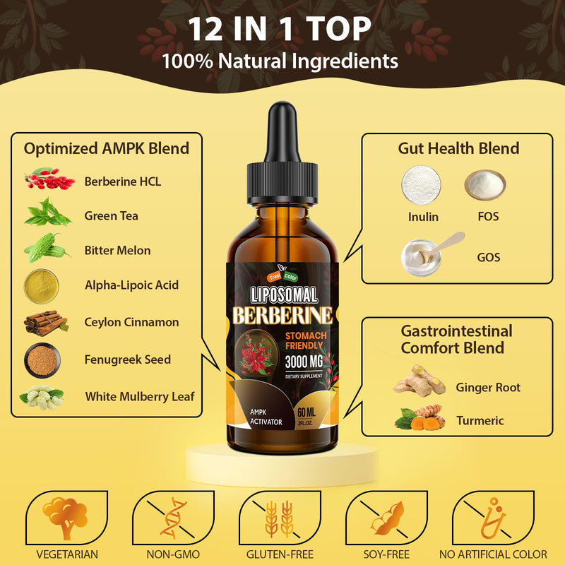 3000mg Berberine Supplement Liquid Drops - High Bioavailability Liposomal Berberine Supplements, Berberine HCL Complex with Ceylon Cinnamon Plus Turmeric, AMPK Activator, Suitable for Women,Men-60ml 2 Fl Oz (Pack of 1)