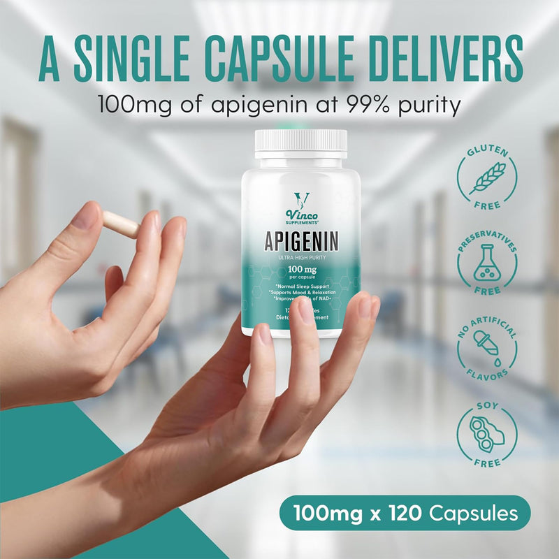 Vinco Apigenin 100mg Supplement - 120 Sleep Capsules for Better Relaxation, 99%+ Pure Natural Formula - NAD Booster, Apigenin Sleep Supplements, Natural Sleep Aid for Adults - Made in the UK