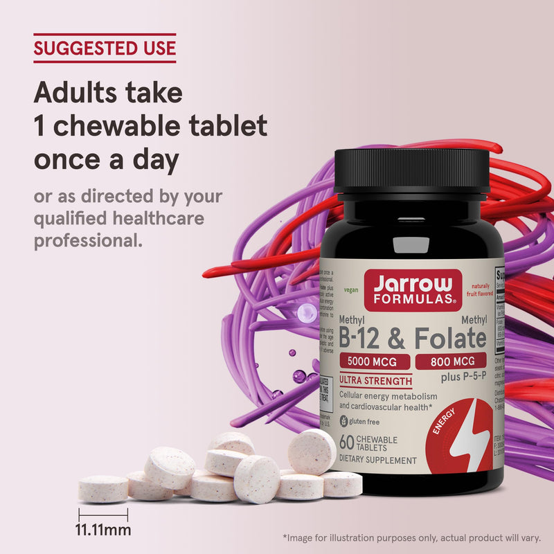 Jarrow Formulas Methyl B-12 & Methyl Folate, Bioactive Vitamin B9 and Vitamin B12 Supplement, Supports Cellular Energy Production, Healthy Brain Function & Metabolism, 60 Chewable Tablets, 60 Servings | Bioactive Vitamin B12 & B9 Supplement, Supports C...