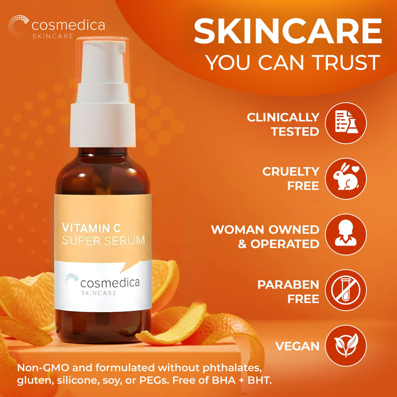 Cosmedica Vitamin C Serum for Face with Hyaluronic Acid & Vitamin E – Brightening Anti-Aging Serum for Dark Spots, Fine Lines & Wrinkles, Lightweight Collagen Booster, 1 fl oz 1 Fl Oz (Pack of 1)