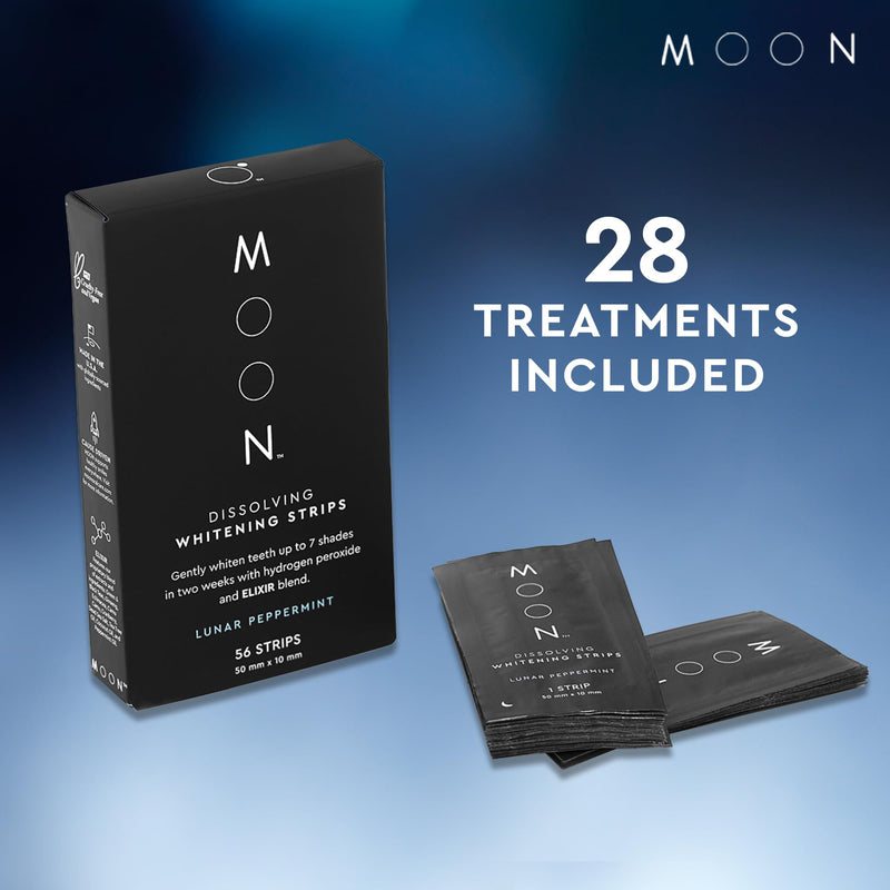 MOON Dissolving Teeth Whitening Strips, 56 No Rinse White Strips, Peppermint, Hydrogen Peroxide & Essential Oils, Whiten Sensitive Teeth up to 7 Shades in 2 Weeks, Travel Essentials, Vegan Oral Care Lunar Peppermint (28 Treatments)