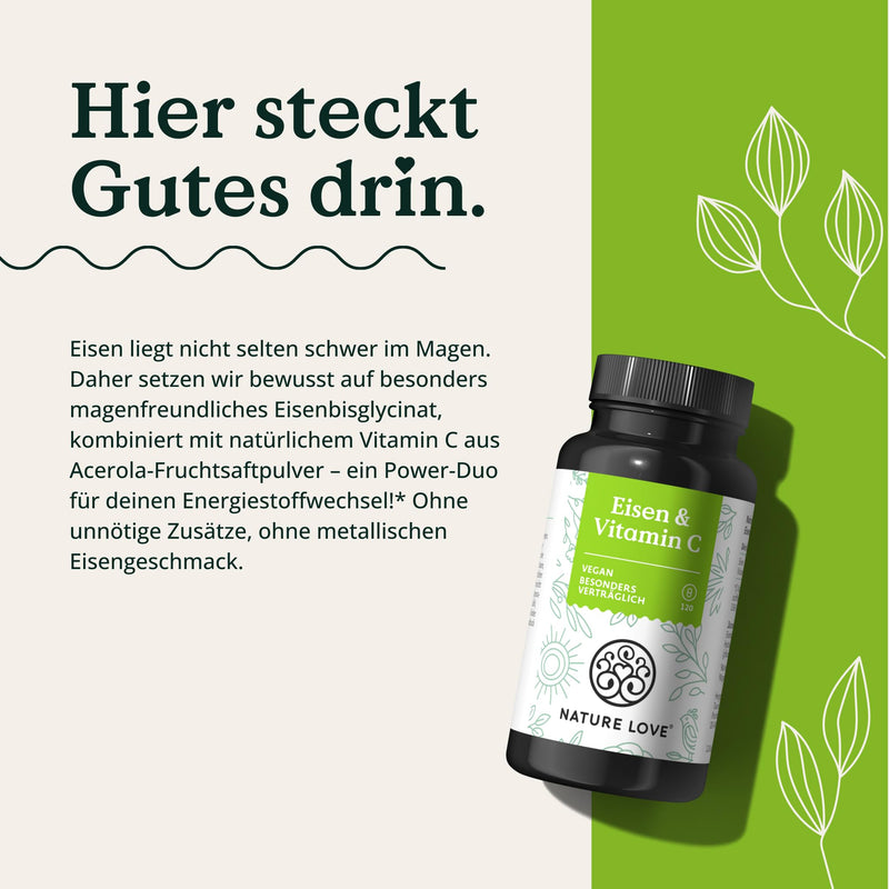 [Australia] - NATURE LOVE® iron with 43mg natural vitamin C - 20mg iron bisglycinate - 120 capsules - vegan, tasteless - produced in Germany 