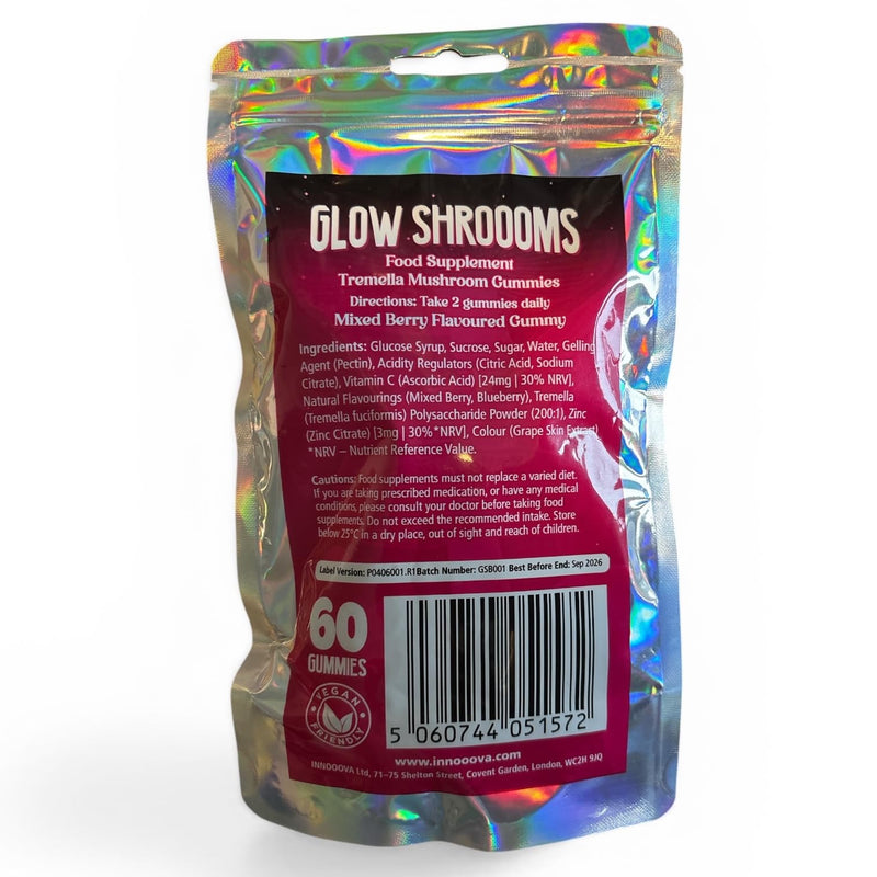 Glowshroooms Mushroom Gummies with Tremella, Vitamin C & Zinc for Skin Glow, Hydration & Collagen Support, Vegan, Gluten Free, Natural Berry Flavour, 60 Gummies, 1 Month Supply Mixed Berry 1 count (Pack of 60)