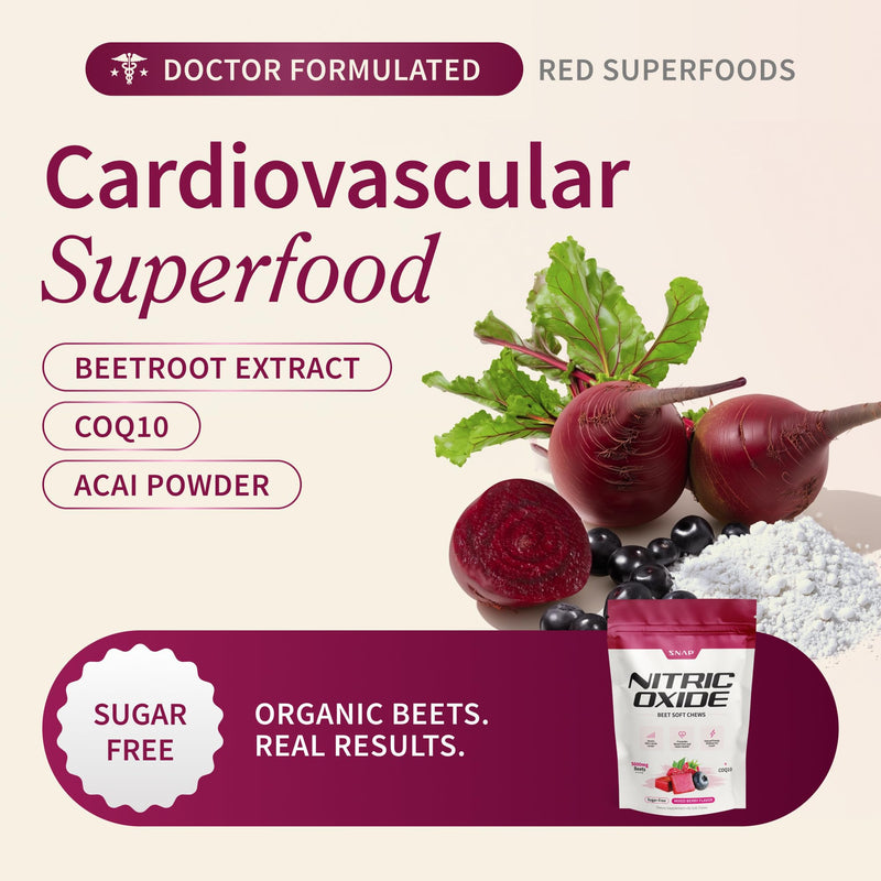 Snap Supplements Beet Root Natural Nitric Oxide Supplements for Men & Women, with Beet Root Extract for Energy, Heart Health & Circulation Support, 60 Soft Chews (1 Month Supply), Mixed Berry