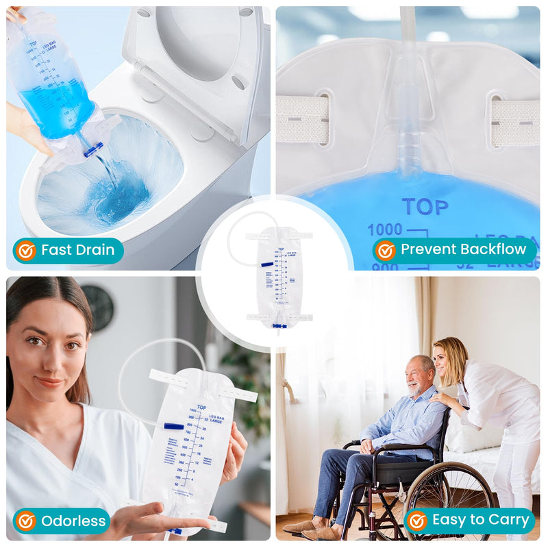 [Australia] - 4 Pack 1000ml Catheter Bags with 18‚Äù Drainage Tube,Anti Reflux Valve,Large Capacity Urine Leg Catheter with Two Latex-Free Straps, Easy Flip Drain, Urinary Catheter for Men, Women 4 PACK 