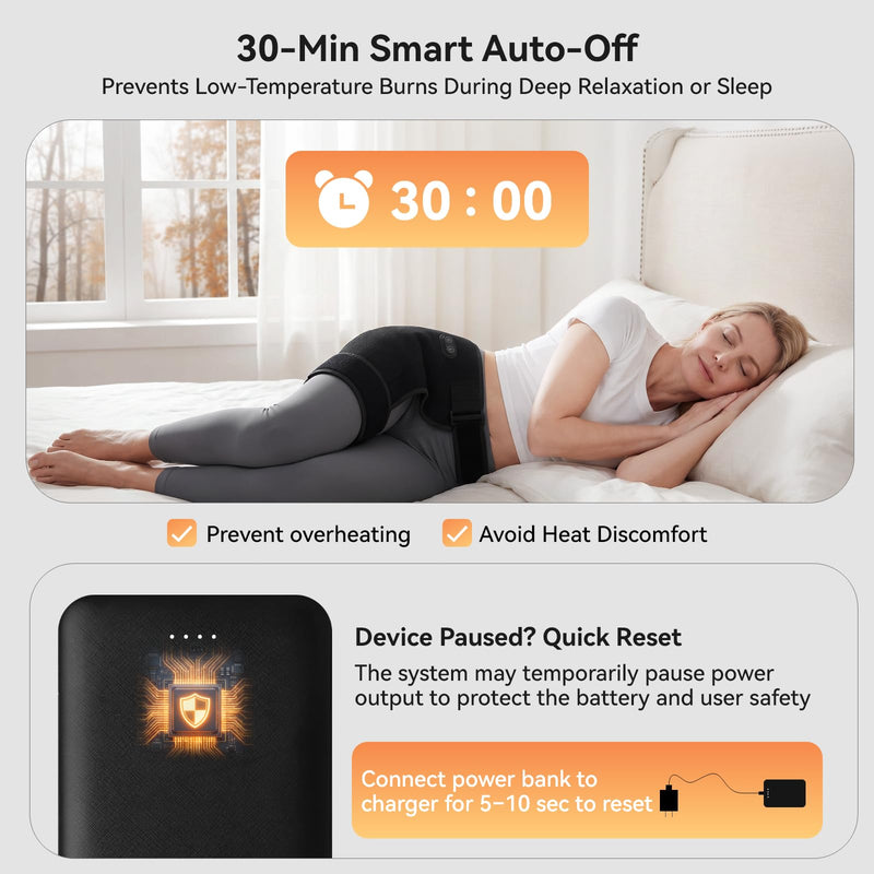 Cordless Heated Massage for Hip/Sciatica Pain Relief with 5000mAh Power Bank Hip Heating Pad Support Brace with Hot Physical Therapy Lower Back/Thigh/Buttock, Best Gift for Family Hip Heating Pad-Black
