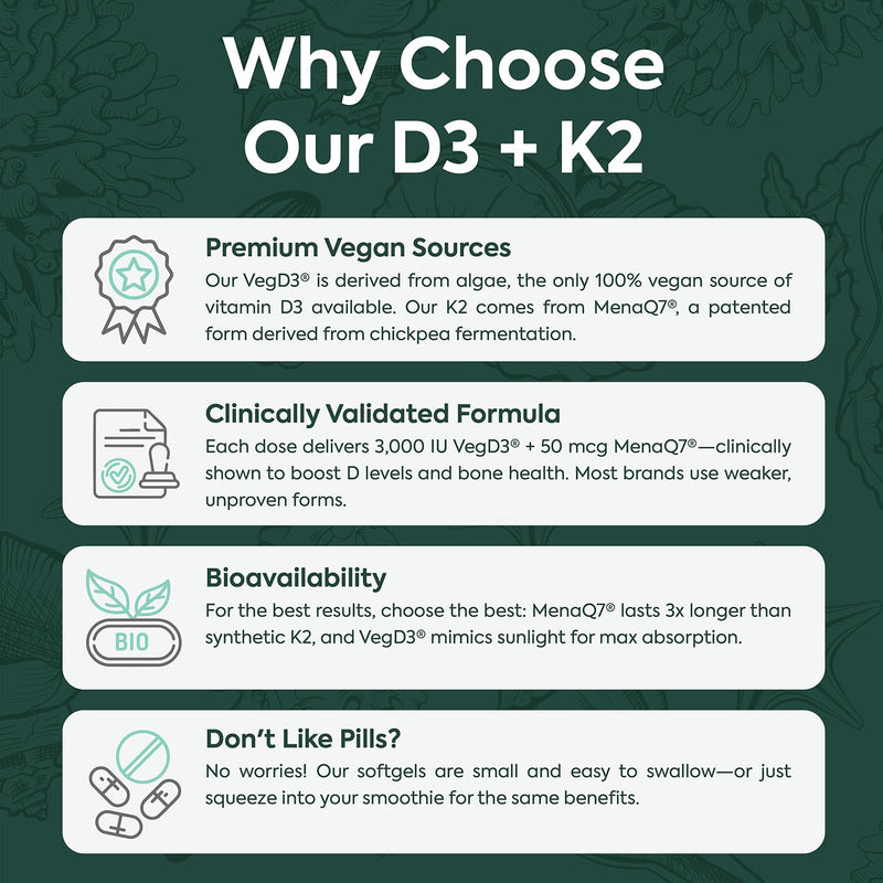 Organics Ocean Better D3 + K2-100% Organic VIT D3 and K2 Supplements with Maximum Bioavailability - Supports Bone Density, Calcium Balance, Immunity & Mood - 1-Pack, 30-Day Supply 30 Count (Pack of 1)