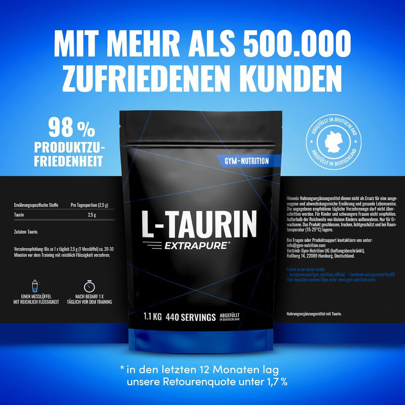[Australia] - Premium Taurine Powder - 1100g (1.1KG) - Optimal Solubility - Vegan - Pure & No Additives - Laboratory Tested Quality - L-Taurine Amino Acid from Germany - Gym Nutrition 440 Servings (Pack of 1) 