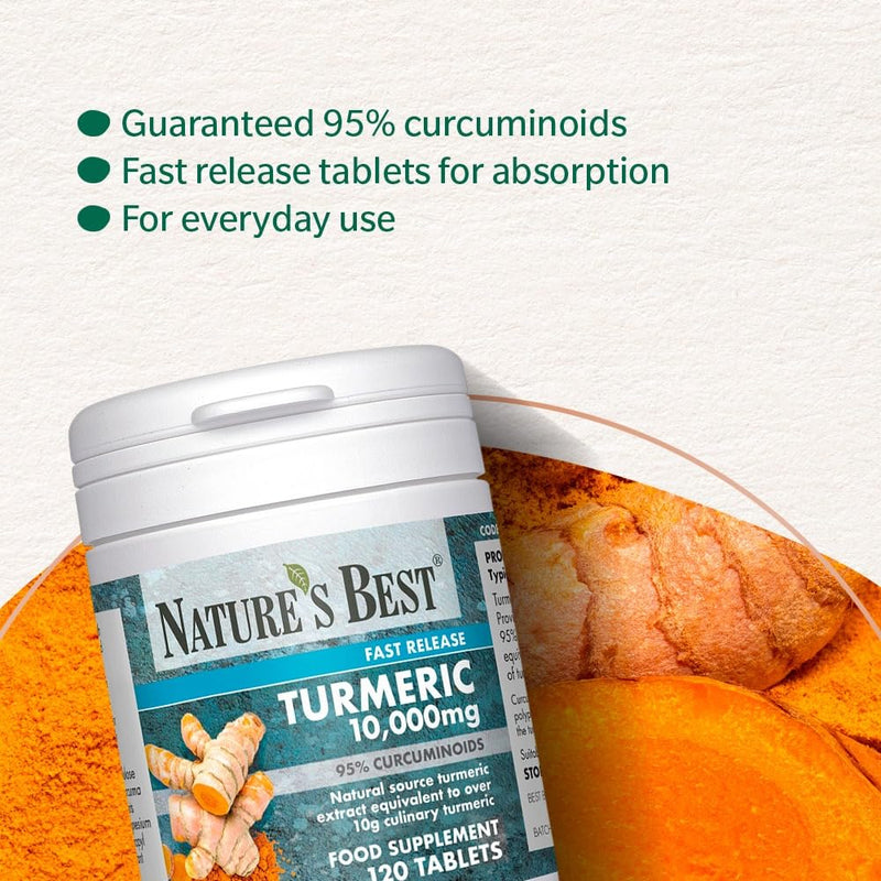 Nature's Best Turmeric 10,000mg Tablets Fast Release - High-Strength, 95% Curcuminoids - Taste-Free - UK Made - 120 Tablets (4 Months' Supply)