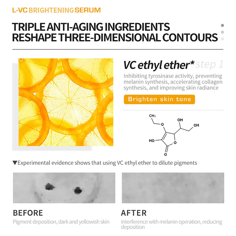 Korean Brand Vitamin C Brightening Face Serum 37ml / with 3-O-Ethyl Ascorbic Acid, Niacinamide and α-Arbutin, Reduce Dark Spots and Fine Lines, Enhance Elasticity, Hydrate, and Protect Skin