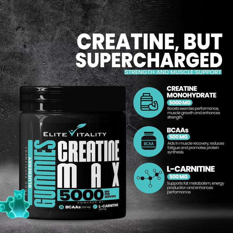 Creatine Monohydrate 90 Gummies 5000mg + BCAAs & L-Carnitine – 3rd Party Lab Tested, Vegan, Sugar-Free, Pre Workout Muscle Growth & Recovery Gym Supplement for Men & Women – Tangy Blueberry Blast