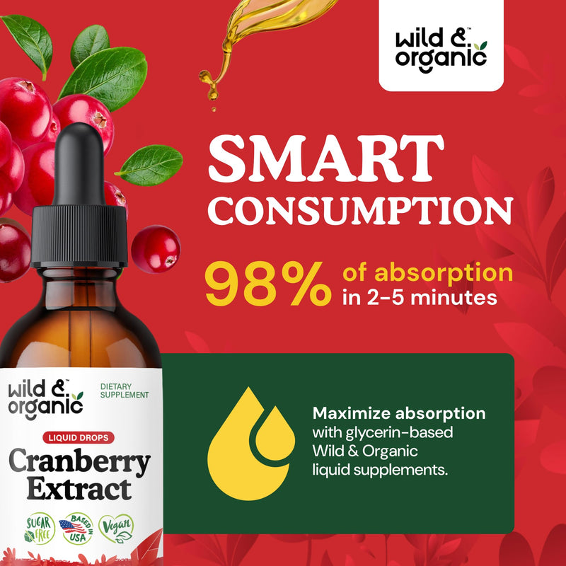 Wild & Organic Cranberry Supplement Drops - Urinary Tract Support - 2 oz | Antioxidant Source - Urinary Tract Support for Women & Men - Cranberry Extract Liquid Supplement - Alcohol-Free Tincture 2 Fl Oz (Pack of 1)