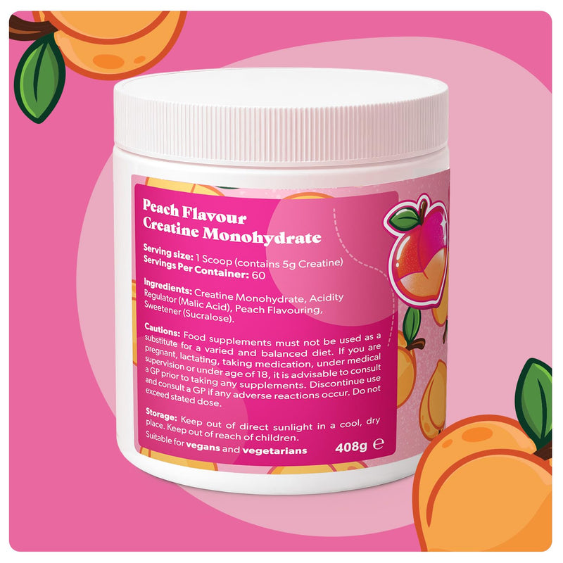 Mean Peach, Peach Flavour Creatine Monohydrate Powder - for Women! 408g tub, containing 60 Servings with 5g Creatine per Scoop. Vegan.