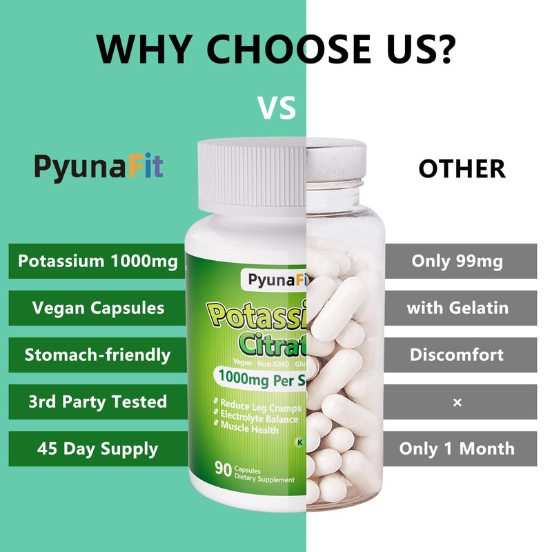 [Australia] - Potassium Supplement 1000mg – High Potassium Citrate for Leg Cramps, Muscle Health, and Heart Support, Non-GMO & Gluten-Free, 90 Capsules 