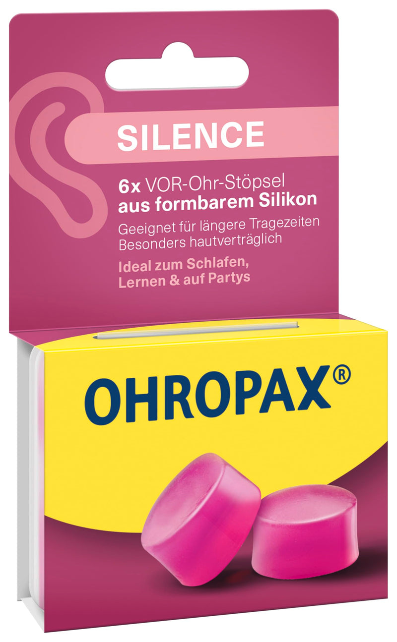 [Australia] - OHROPAX Silence earplugs - pink PRE-ear plugs made of moldable silicone - dermatologically tested - suitable for all ears - sound insulation value SNR 23 dB - for sleeping, learning and partying - 6 pieces 