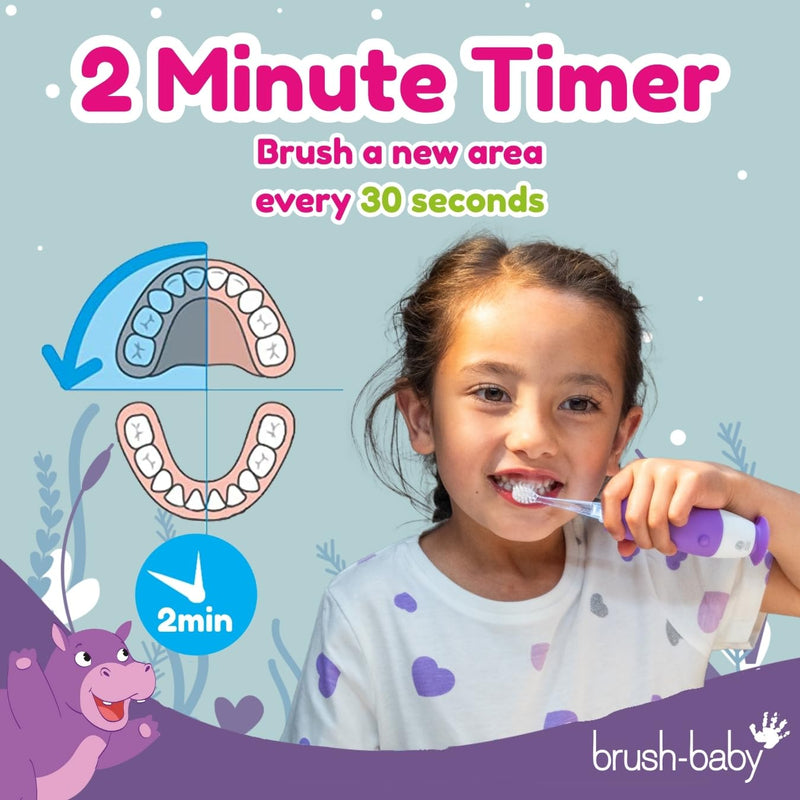 [Australia] - BrushBaby - WildOnes - Kids Rechargeable Electric Toothbrush, Ages 0-10 - Holly Hippo Design with Flashing Lights - DeepClean Bristles for Superior Cleaning - 2 Replacement Brush Heads, 1 USB Cable 