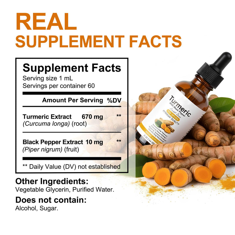 Turmeric Supplement Liquid 2.02 Fl oz - Natural Turmeric & Black Pepper Liquid Drops with Turmeric Root Extract and Piperine for Enhanced Absorption, Alcohol-Free, Sugar-Free & Vegan
