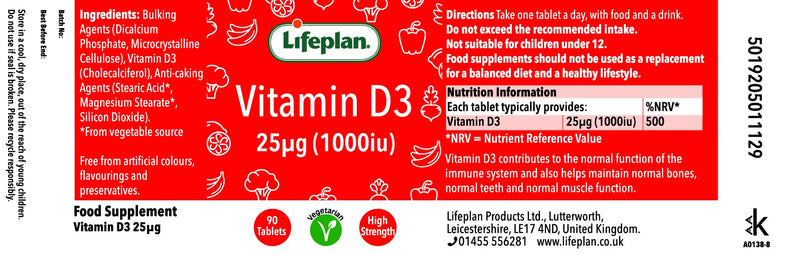 Lifeplan Vitamin D3 1000iu (90 Capsules) for Healthy Bone, Muscle & Immune System — 3-Month Supply