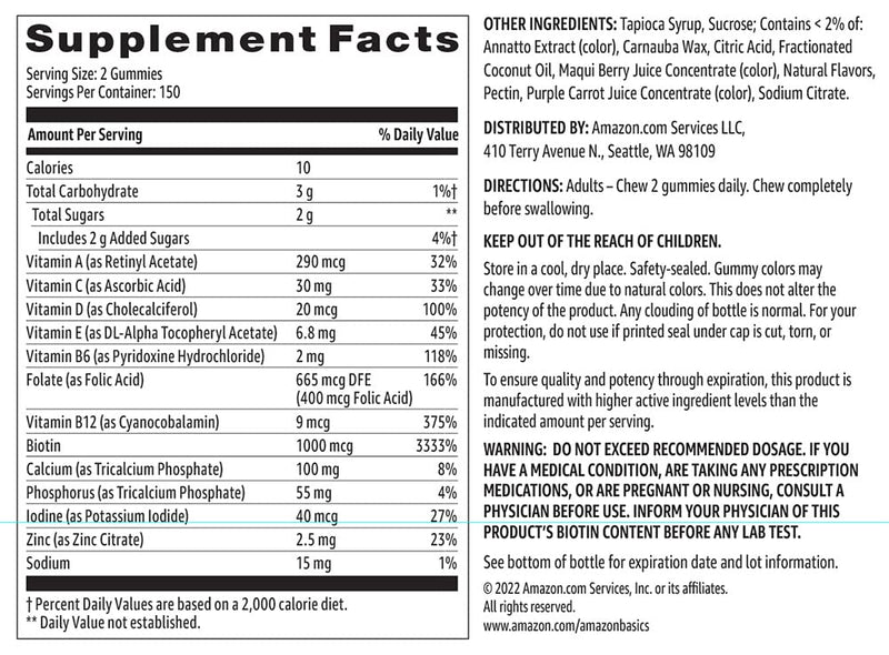 Amazon Basics Women's Multivitamin, Mixed Berry Flavor, Vegetarian & Gluten-Free, 300 Gummies (150 Servings) (Previously Solimo)