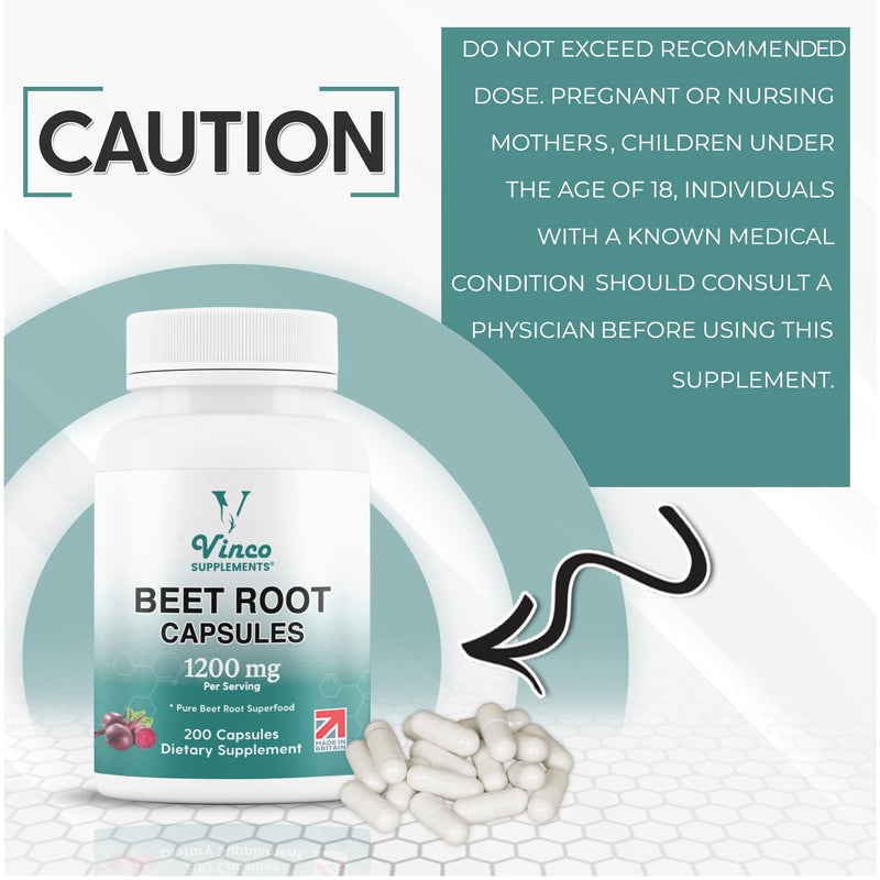 Vinco Beetroot Capsules - 1200mg Organic BeetRoot Powder Per Serving - UK-Made, Non-GMO, Gluten-Free, Vegan Food Beet Root Supplements - Support Blood Pressure, Digestion, Immune System - 200 Capsules