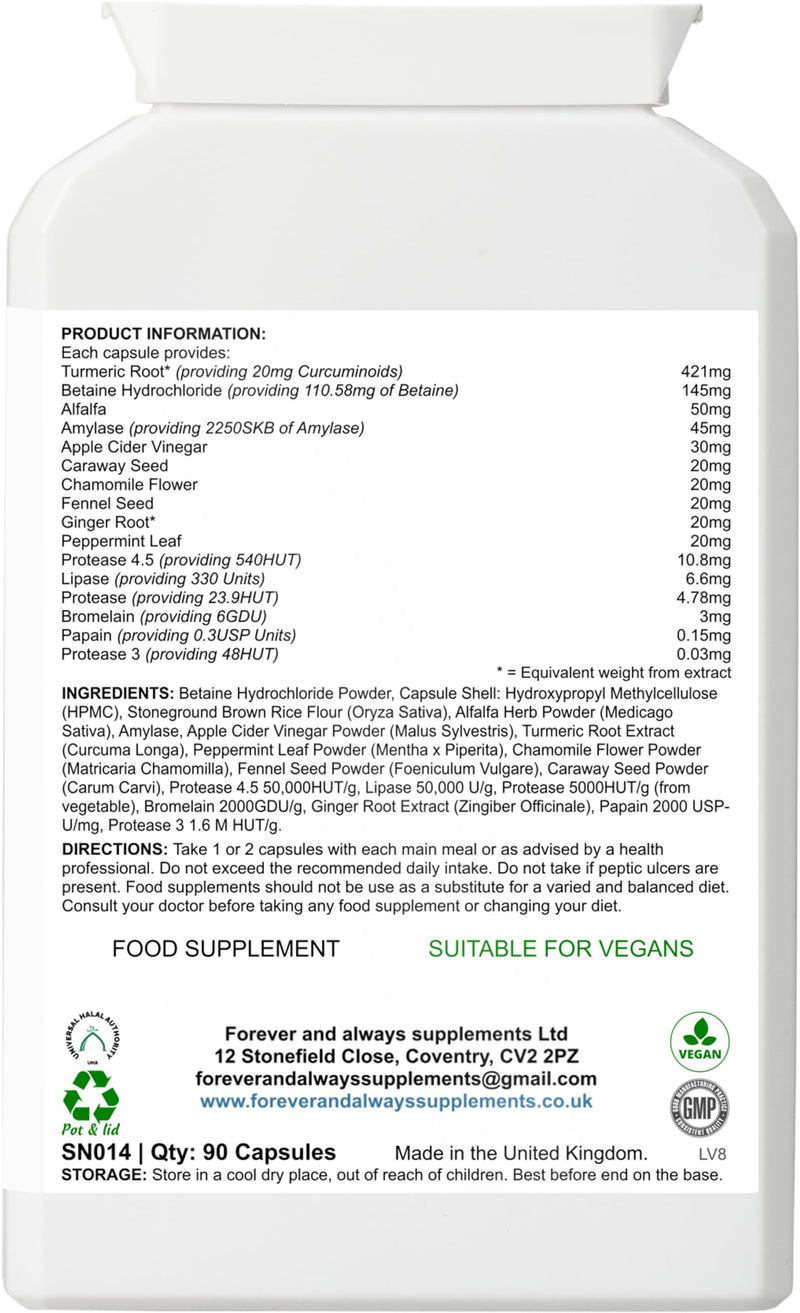 Pure Belly Digestive Enzymes, Plant Complex, High Strength Vegan Capsules, Gut Health and Bloating Support, with Turmeric, Peppermint, Apple Cider Vinegar Powder, Forever & Always Supplements