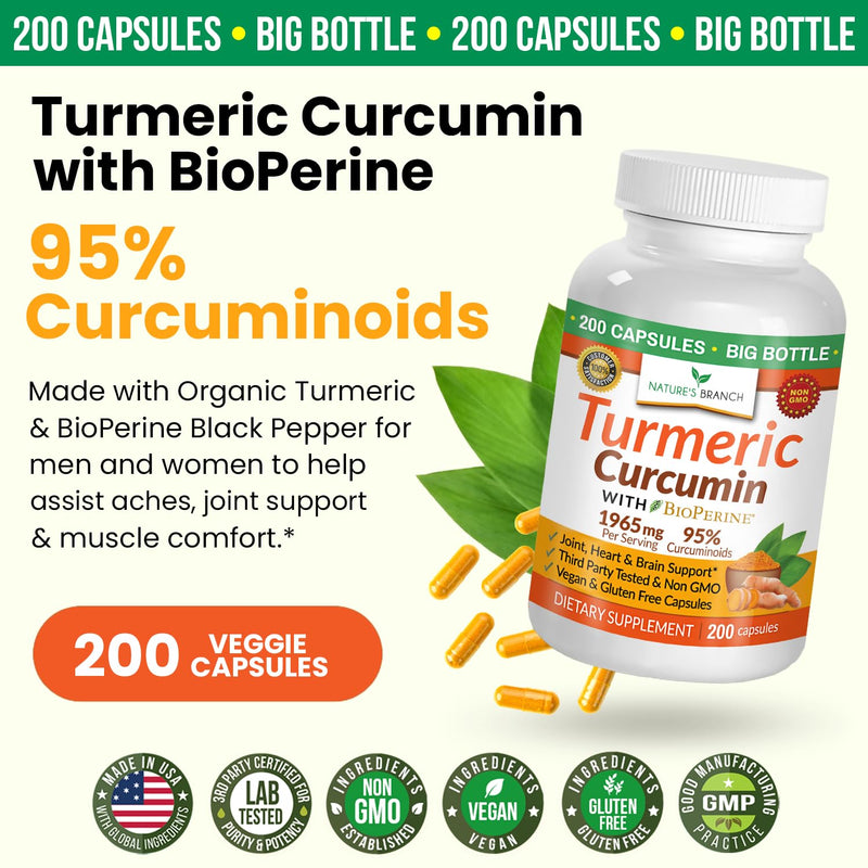 [Australia] - Turmeric Curcumin with Black Pepper BioPerine - 𝟮𝟬𝟬 𝗖𝗔𝗣𝗦𝗨𝗟𝗘𝗦 - Extra Strength 1965mg Joint Support Supplement, High Absorption, Made in USA with Organic Powder Vegan Extract Complex Pills 