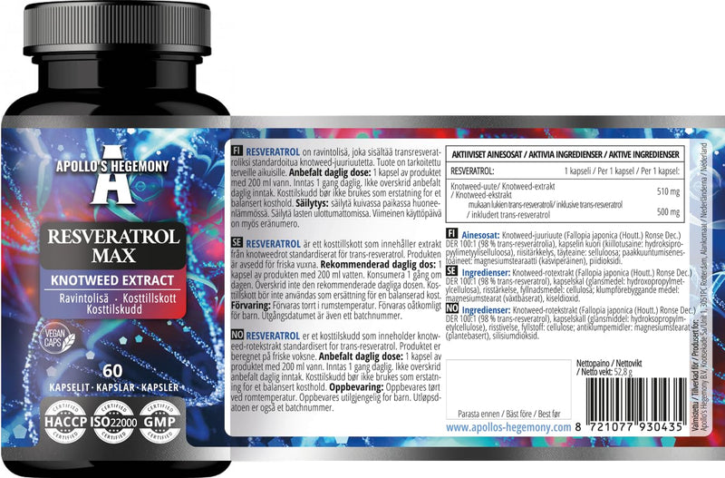 Resveratrol Max - 500 mg per Capsule - 60 Vegan Capsules - High Purity 98% Extract - Supports Circulatory Health - Natural Antioxidant - Dietary Supplement by Apollo's Hegemony Unflavoured