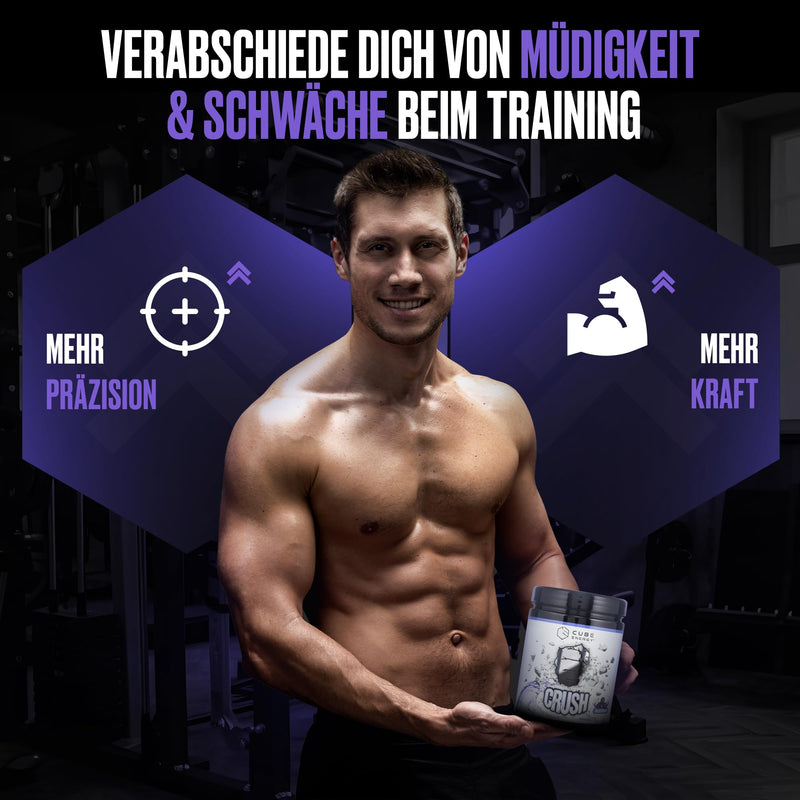 [Australia] - Cube Energy Crush Pre Workout Booster - 2in1 focus & pump formula with 300 mg caffeine - no crash - high dose & vegan - Made in Germany - 22 portions of 25 g each - Acai flavor 