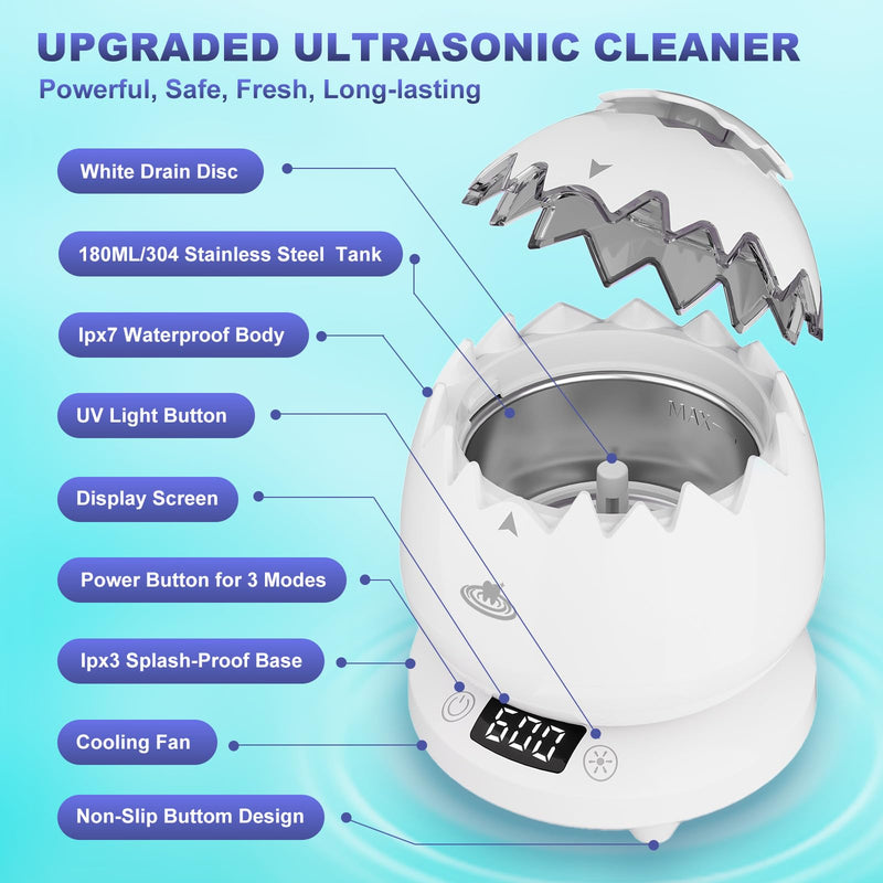 [Australia] - Ultrasonic Retainer Cleaner, 45kHz Denture Cleaner Machine, 4 Cleaning Modes, Removable Base, Dental Cleaning Pod for Mouth Guard/Night Guard/Braces/Aligner/Jewelry 