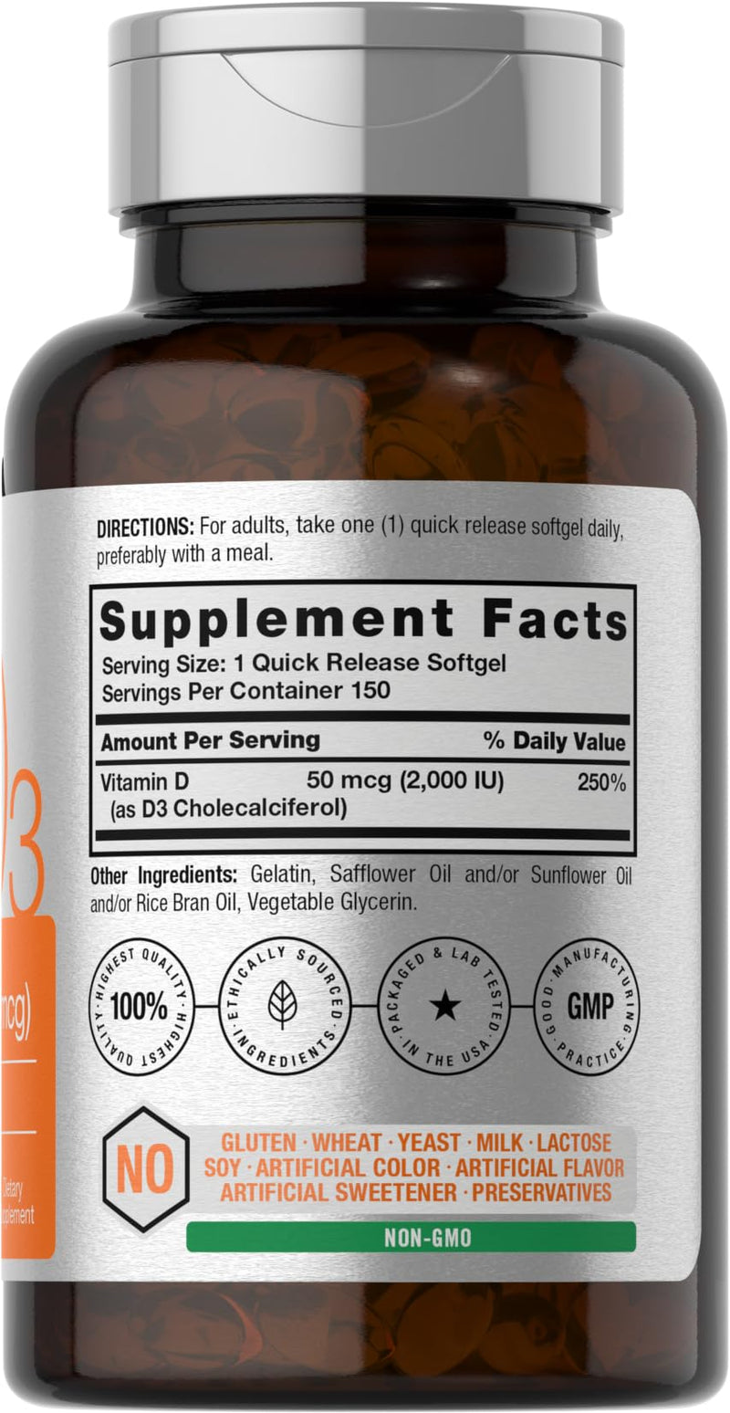 Horbaach Vitamin D3 2000IU Softgels | 150 Count | 50mcg Cholecalciferol | Non-GMO & Gluten Free Supplement