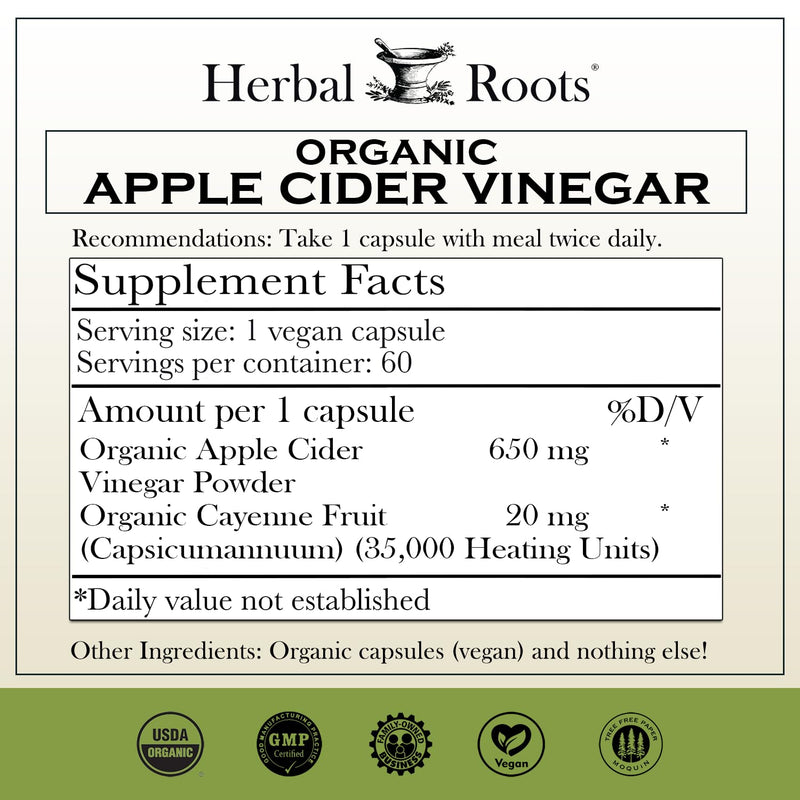[Australia] - Herbal Roots Organic Apple Cider Vinegar Capsules with Mother and Organic Cayenne | 650 mg | 60 Vegan Capsules 
