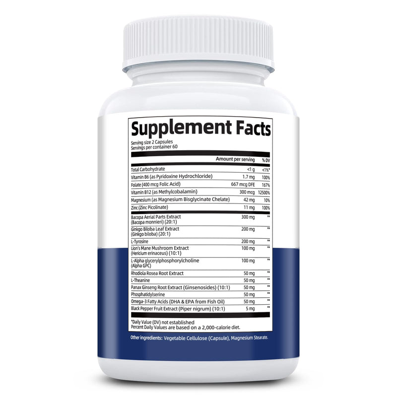 2-Pack Brain Supplements for Memory and Focus | Nootropic with Bacopa Monnieri, Lion's Mane, Alpha GPC, Ginkgo Biloba | Mental Clarity & Cognitive Support | Vitamin B6 & B12 Neuro Health 240 Count (Pack of 1)