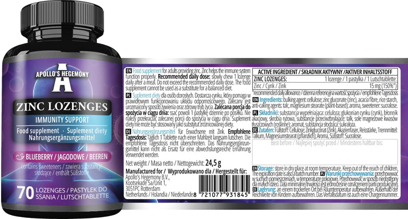 Zinc gluconate 15 mg - 70 lozenges | 70 Servings |Immune Support | Blueberry Flavor- Apollo's Hegemony