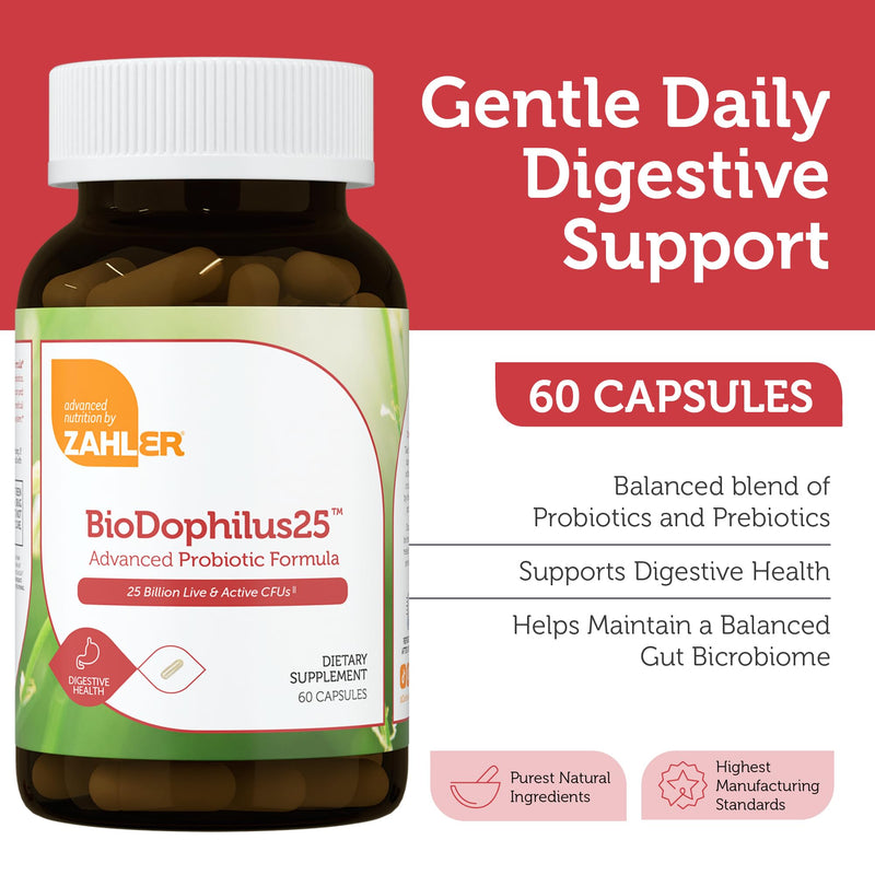 Zahler Biodophilus, All Natural Advanced Probiotic and Prebiotic Supplement, Promotes Digestive Health, 25 Billion Live Cultures and Intestinal Flora Per Serving, Certified Kosher, 30 Capsules