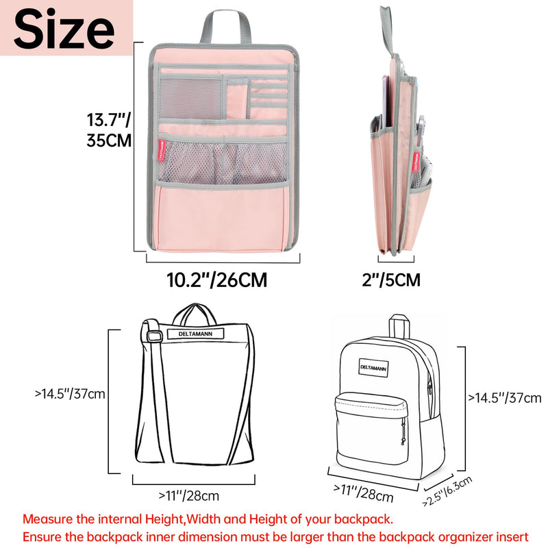 Slim Rugged Backpack Organizer Insert for Business Casual Men Women -13 Pockets,Padded Nylon,Max 14'' laptop- Pink