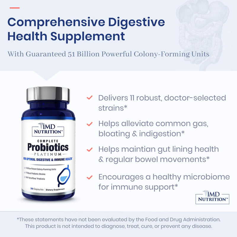 [Australia] - 1MD Nutrition Complete Probiotics Platinum - w/Prebiotics and Probiotics for Digestive Health - Probiotic Supplement for Women & Men - More Than 50 Billion Live CFU 11 Strains Dairy-Free - 30 Caps 30 Count (Pack of 1) 