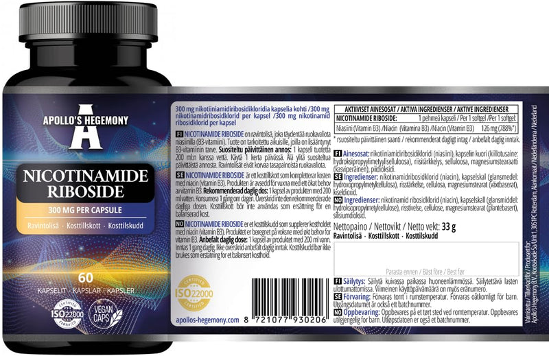 Nicotinamide Riboside (NR) 300 mg - 60 Niacin Vegan Capsules - 2 Months Supply - NAD+ Precursor - Vitamin B3 Supplement to Support Energy Metabolism and Reduce Tiredness - by Apollo's Hegemony